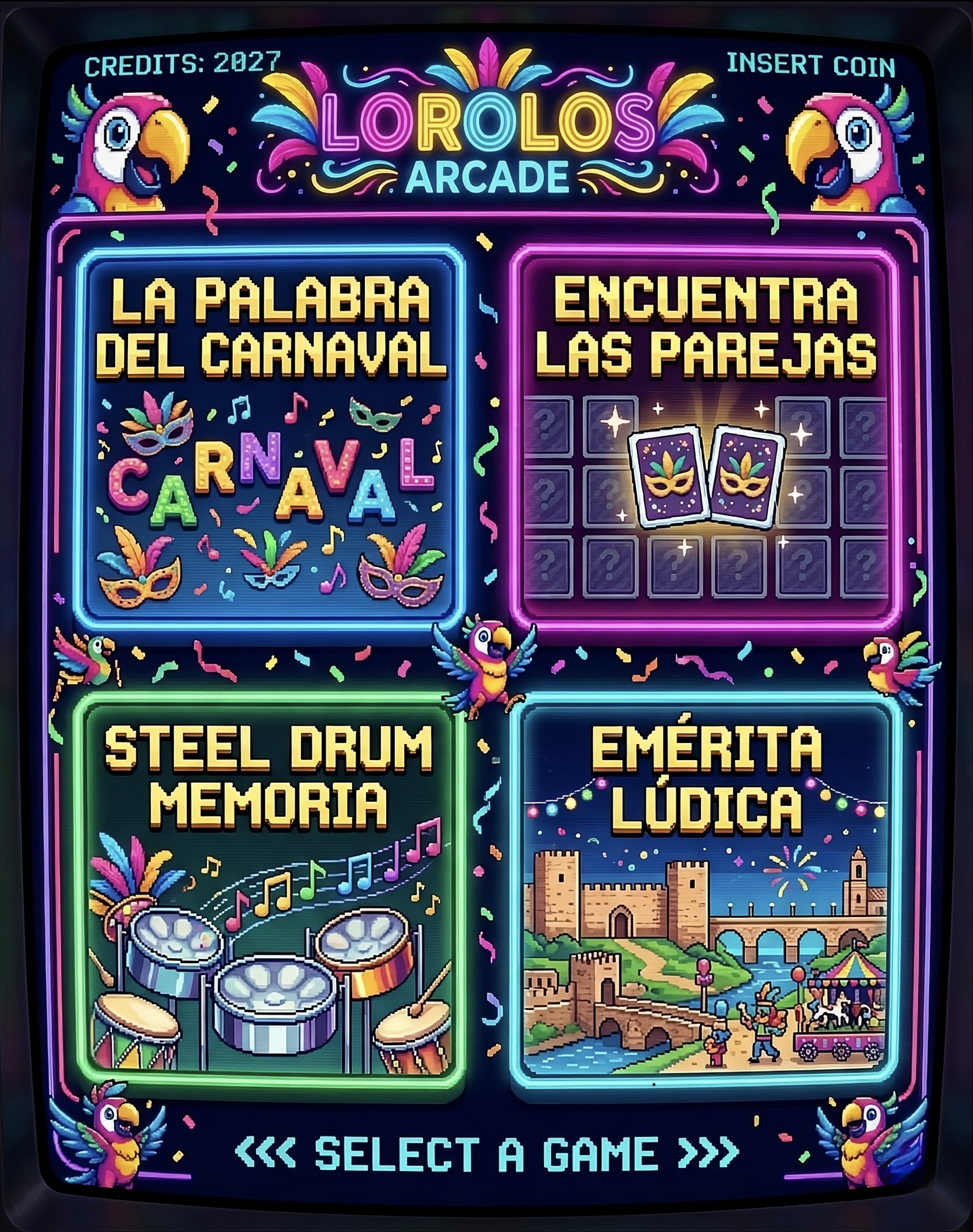 Pantalla del arcade con los cuatro juegos: La palabra del Carnaval, Encuentra las parejas, Steel Drum y Emérita Lúdica