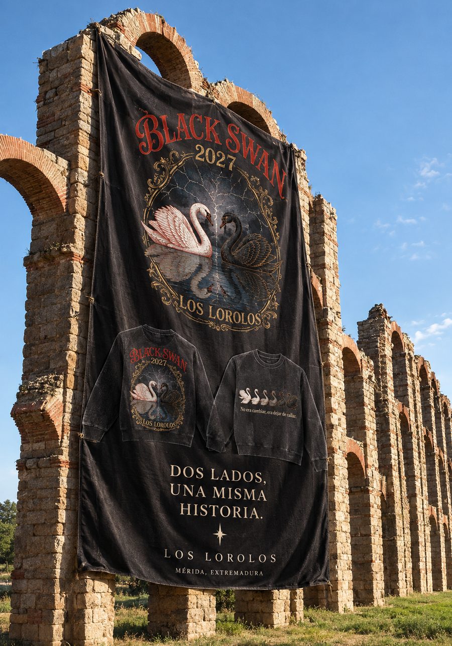 Lona de la sudadera Black Swan 2027 de Los Lorolos, con el diseño delantero y trasero, colgada de unos arcos romanos